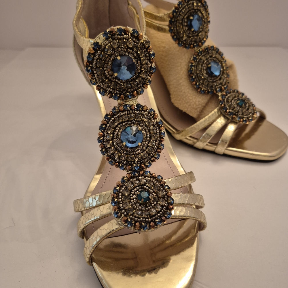 Vince Camuto Fabulous Gold and Blue Embellished Wedges
